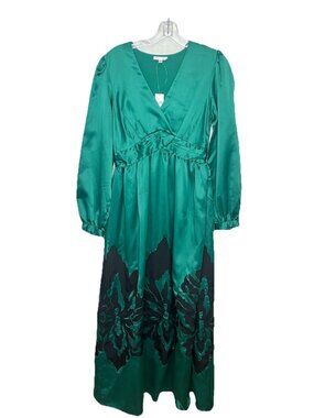 Nikasha XS Green Satin Maxi Dress Black Floral Long Sleeve NWT Formal Romantic
